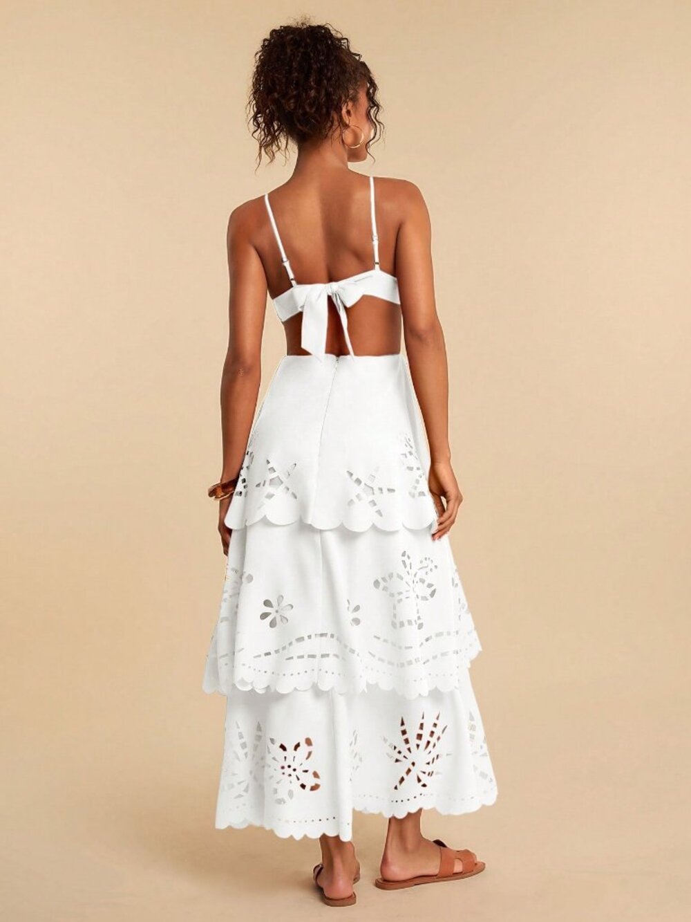 White Boho Women's Multi-Layer Ruffle Hem Spaghetti Strap Backless Dress - Picture 5 of 7